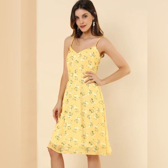 Allegra K Dresses & Skirts - Allegra K Yellow Floral Adjustable Tie Strap Cami Midi Women’s Dress, Size Small